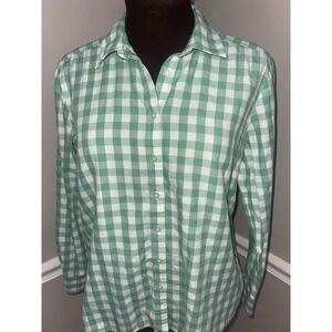 LOFT Gingham Green White Checked Button Front Shirt Womens Medium